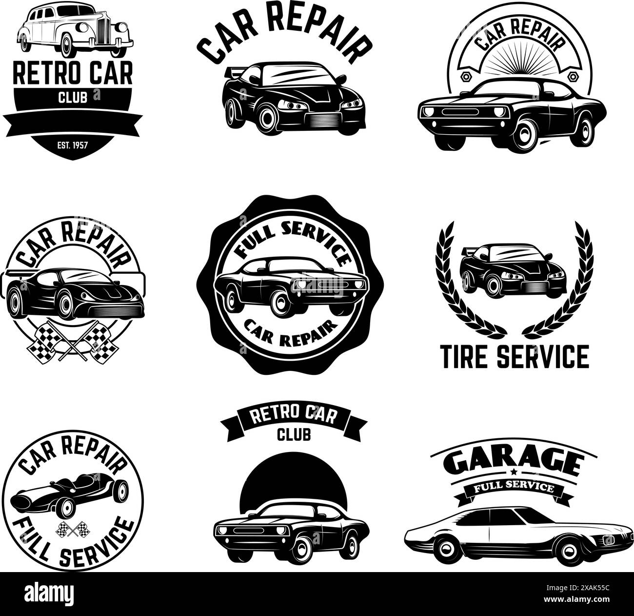 Set di etichette per club auto retro. Elemento grafico con design vettoriale retrò, emblema, logo, insegna, identità, logotipo, poster. Elementi di progettazione vettoriali. Illustrazione Vettoriale