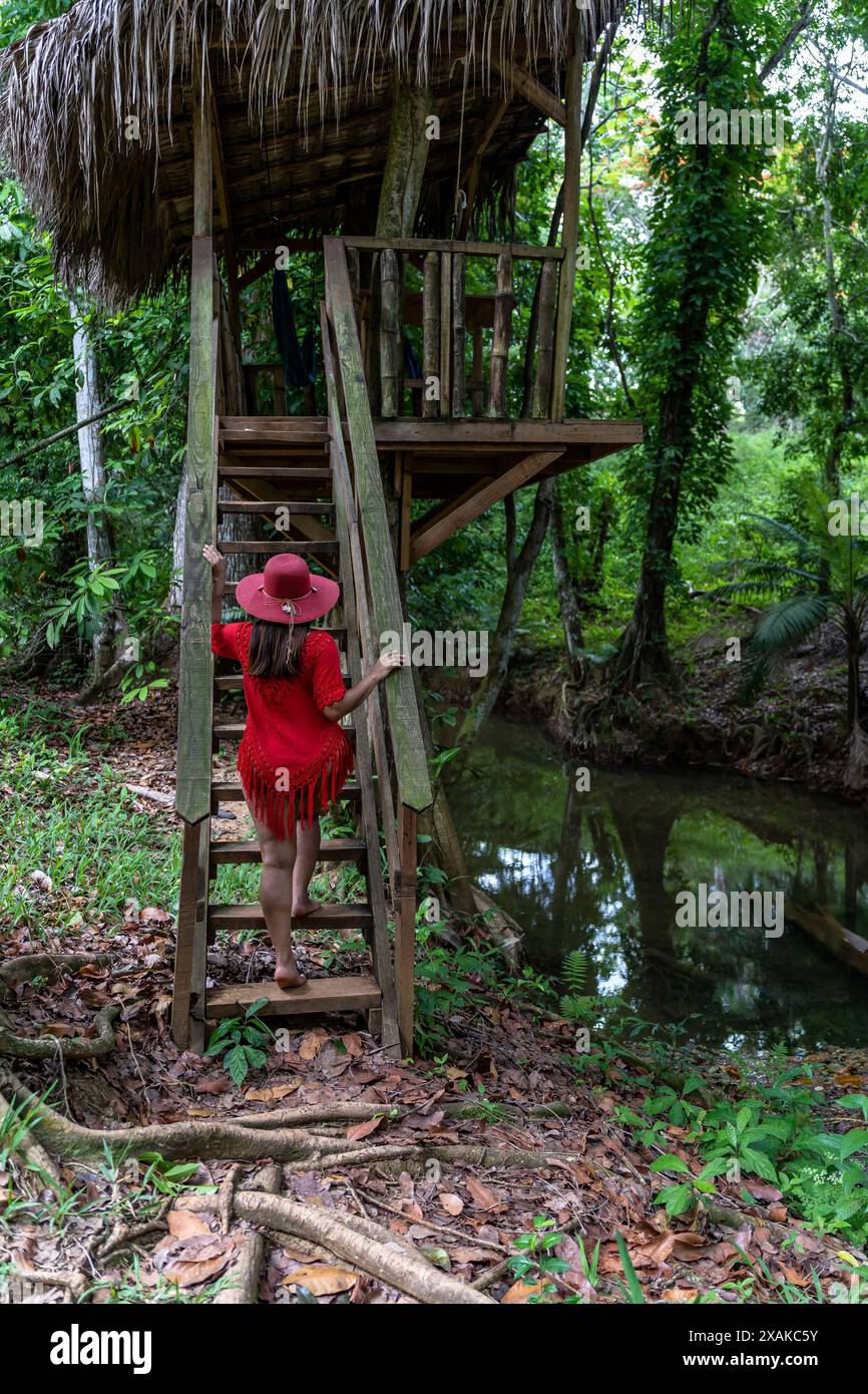 Nord America, Caraibi, isola di Hispaniola, Repubblica Dominicana, Monte Plata, Bayaguana, campo Aventura, attraente donna sale scale di legno per la piattaforma panoramica Foto Stock