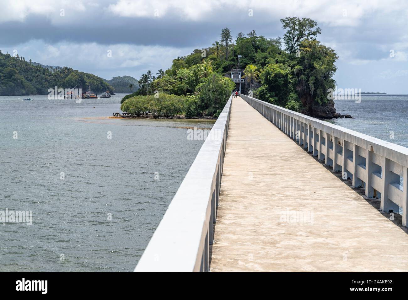 Nord America, Caraibi, grandi Antille, isola di Hispaniola, Repubblica Dominicana, Samana Peninsula, Santa Barbara de Samana, vista sul ponte pedonale della piccola isola di Cayo Vigia nella baia di Samana Foto Stock