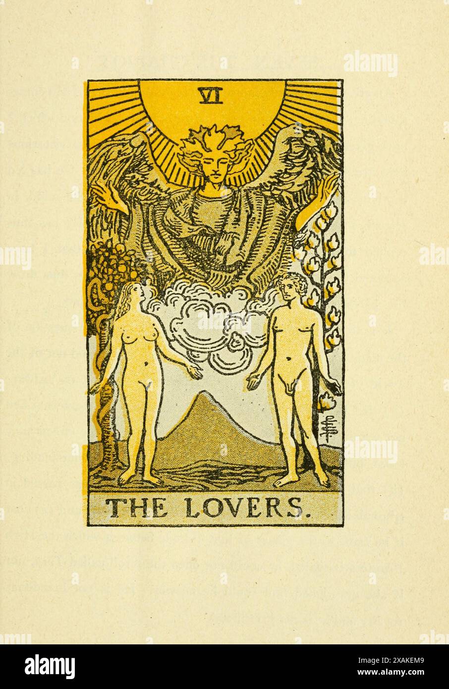 Gli amanti. Carta Tarocchi d'epoca dalla chiave illustrata ai tarocchi, il velo della divinazione, che illustra l'arcano maggiore e minore, abbracciando: Il velo e i suoi simboli. Di Lauron William De Laurence, 1918 Foto Stock