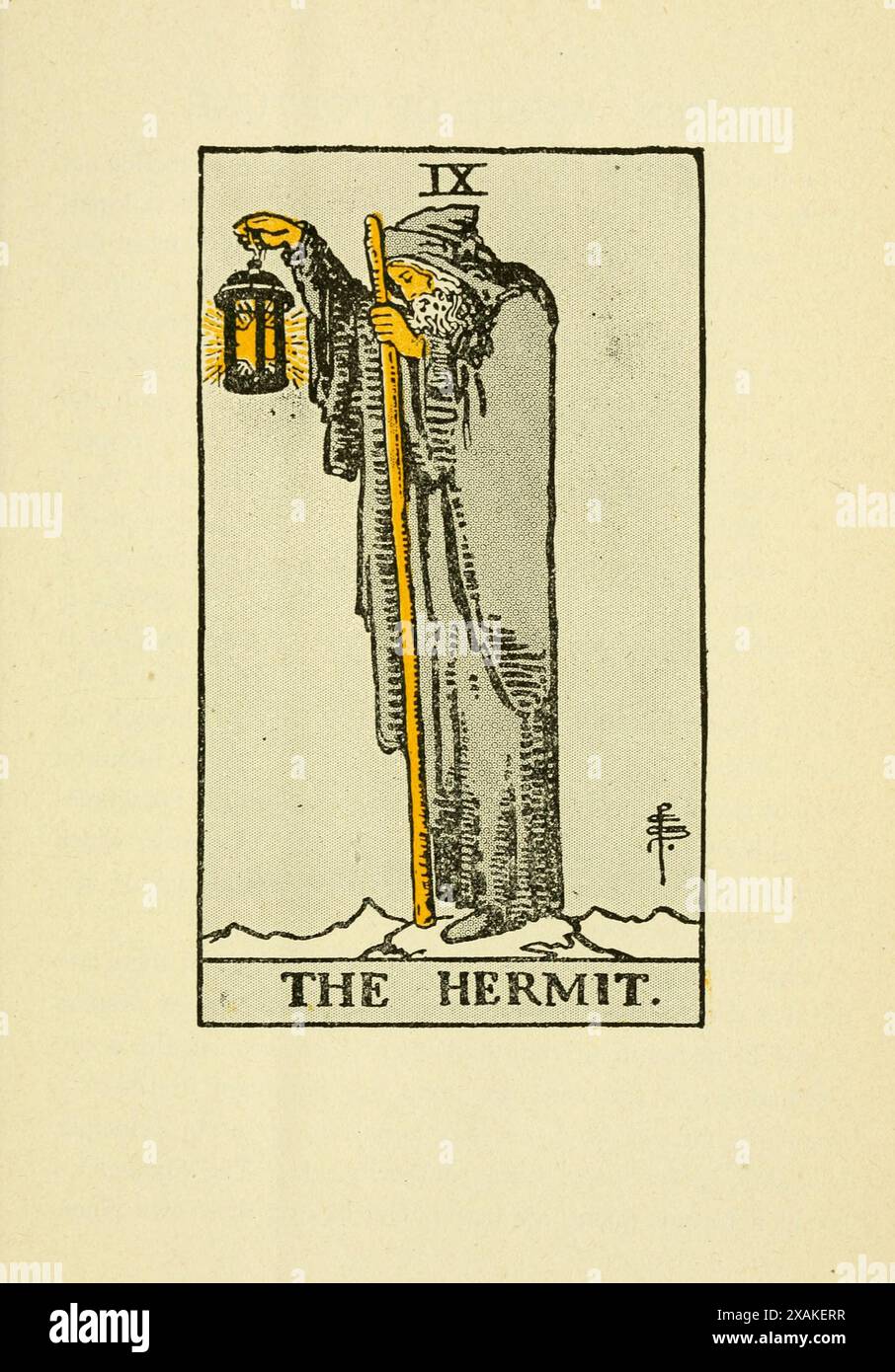 L'Hermit. Carta Tarocchi d'epoca dalla chiave illustrata ai tarocchi, il velo della divinazione, che illustra l'arcano maggiore e minore, abbracciando: Il velo e i suoi simboli. Di Lauron William De Laurence, 1918 Foto Stock