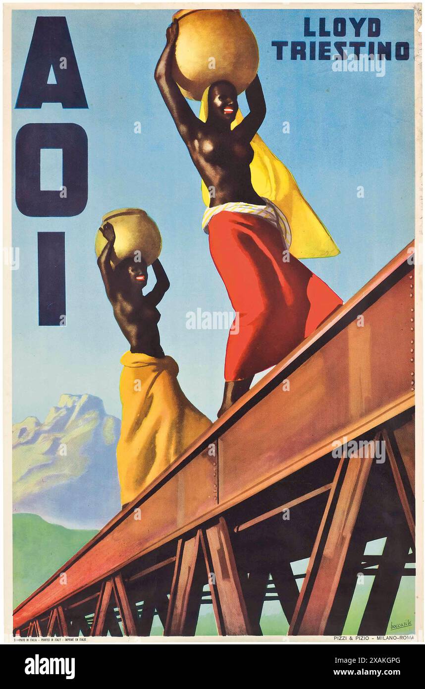 Poster di viaggio vintage, per la compagnia di navigazione Lloyd Triestino, di Gino Bategsile intorno agli anni '1930 Foto Stock