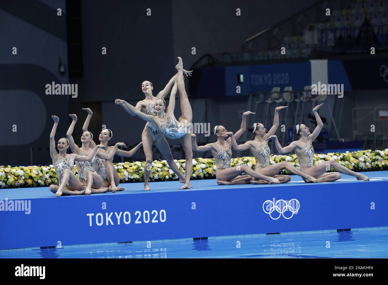 Tokyo - Giappone, 6 agosto 2021, ha sincronizzato gli atleti di nuoto nelle piscine durante i Giochi Olimpici Foto Stock