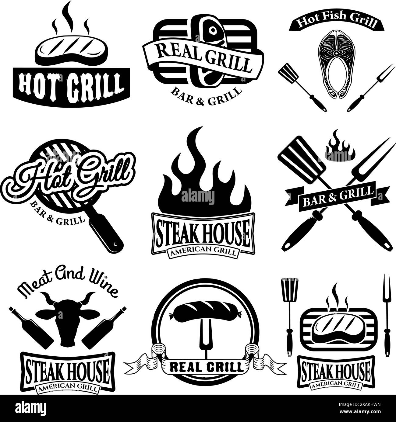 Set di etichette, loghi e modelli di badge per grill bar. Etichetta Steak House. Etichette ed elementi di design del ristorante grill. manzo, salmone alla griglia, bistecche, barbecue l Illustrazione Vettoriale