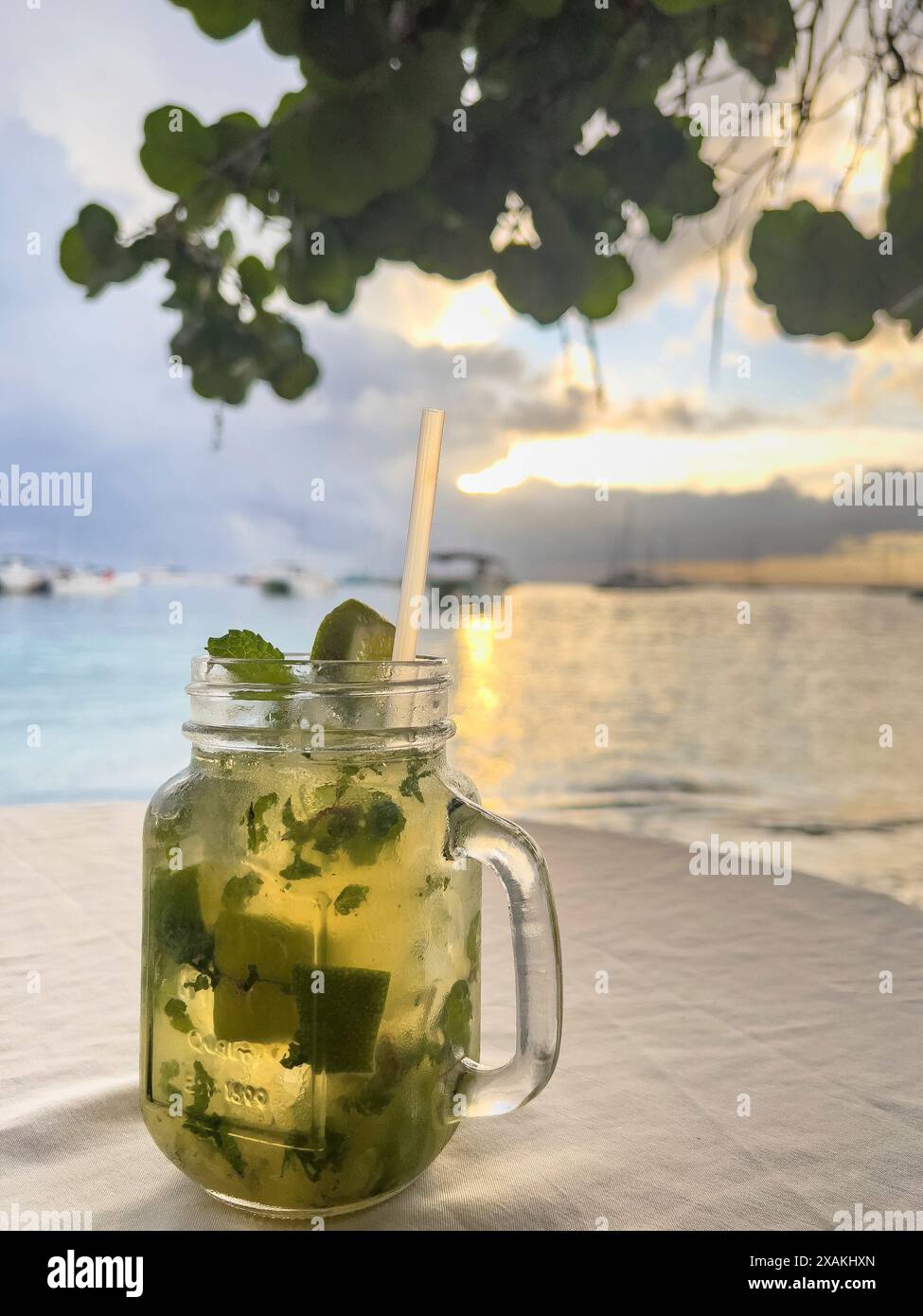 America del Nord, Caraibi, grandi Antille, isola di Hispaniola, Repubblica Dominicana, provincia la Altagracia, Bayahibe, Mojito in un ristorante con vista mare nella baia di Bayahibe Foto Stock