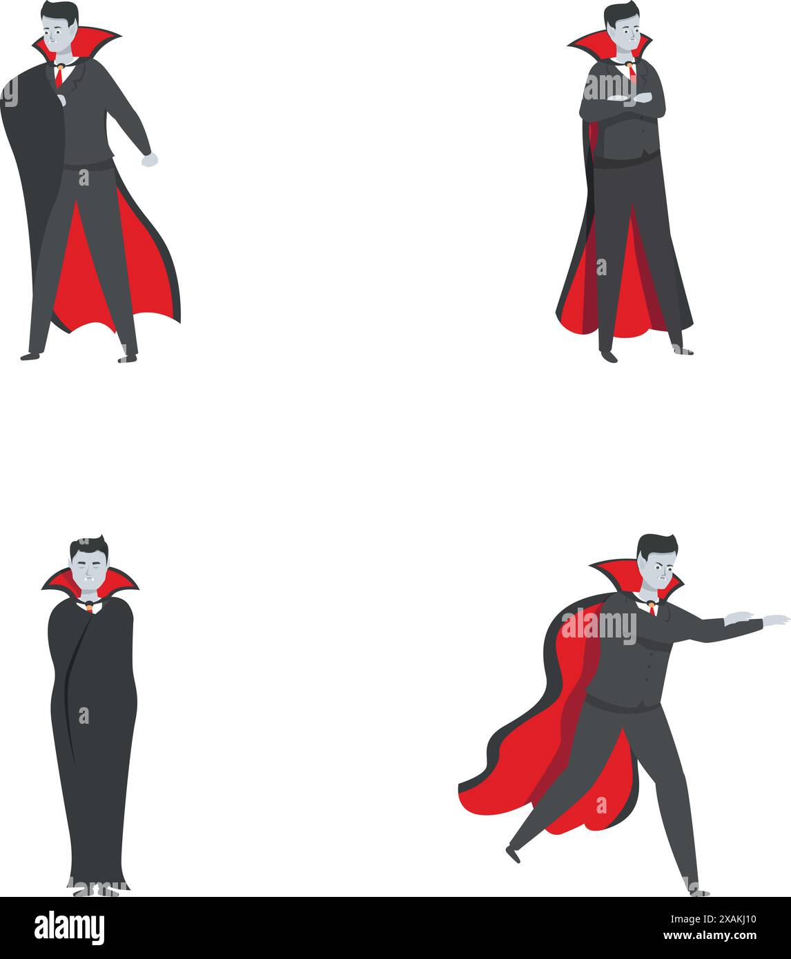 Collezione di illustrazioni di vampiri, che mostrano diverse posizioni e abbigliamento, isolate sul bianco Illustrazione Vettoriale