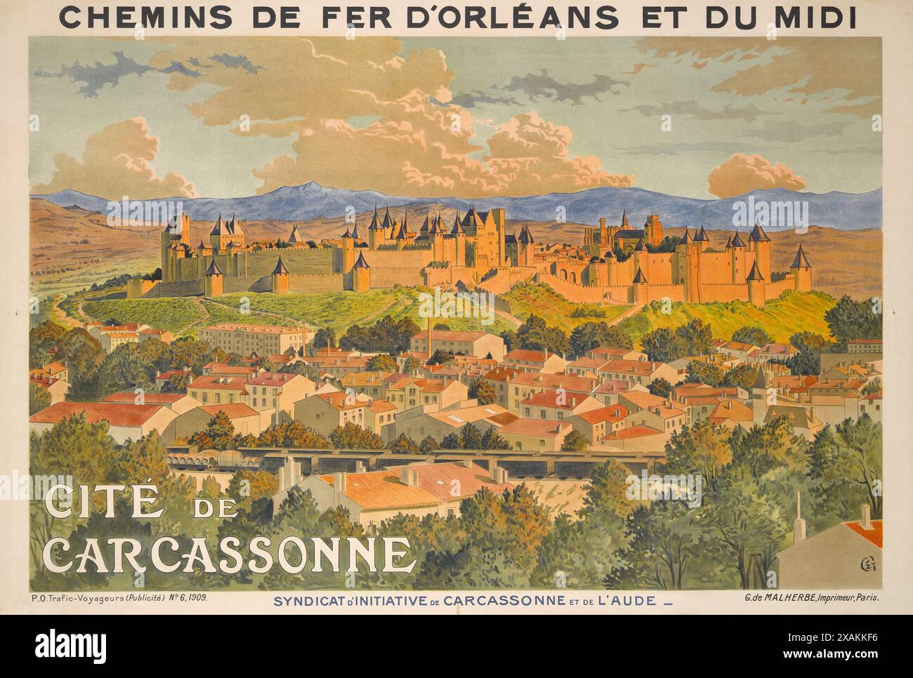 Poster di viaggio in treno francese d'epoca. Città di Carcassonne. Chemin de Fer d'Orleans et du Midi. Di Eugene Grasset 1909 Foto Stock Poster di viaggio in treno francese d'epoca. Città di Carcassonne. Chemin de Fer d'Orleans et du Midi. Di Eugene Grasset 1909 Foto Stock
