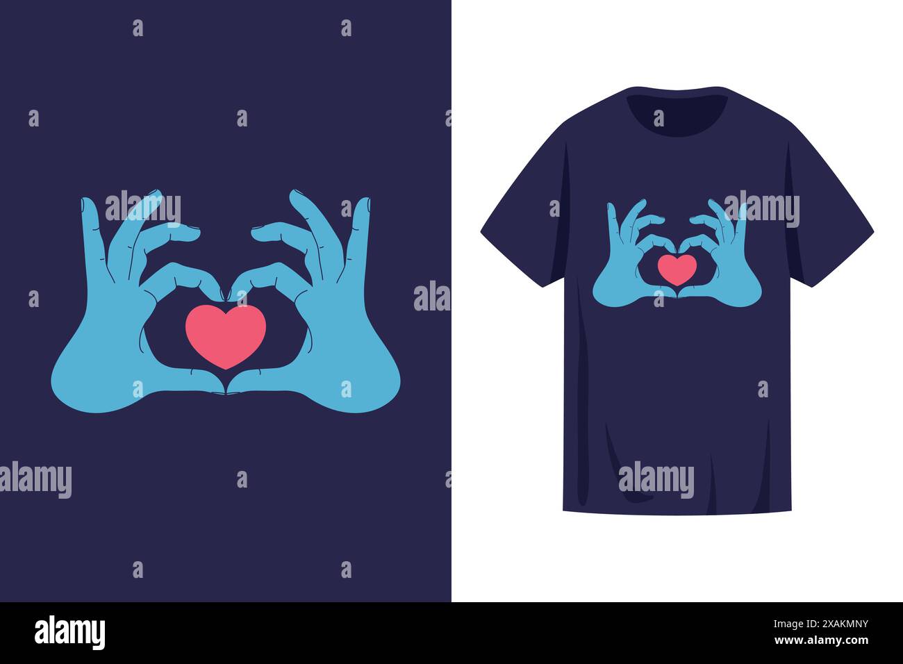 Stampa T-shirt con mani umane che crea un segno cardiaco su sfondo blu. Mani che tengono il cuore. Illustrazione vettoriale Illustrazione Vettoriale
