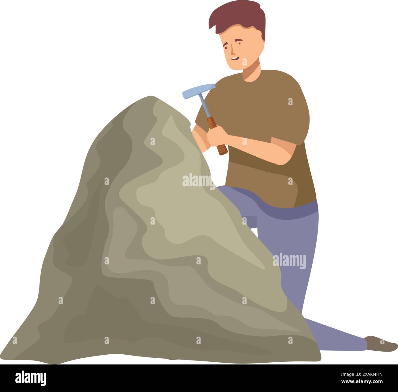 Il geologo si sta inginocchiando ed esaminando attentamente una grande roccia con un piccone Illustrazione Vettoriale