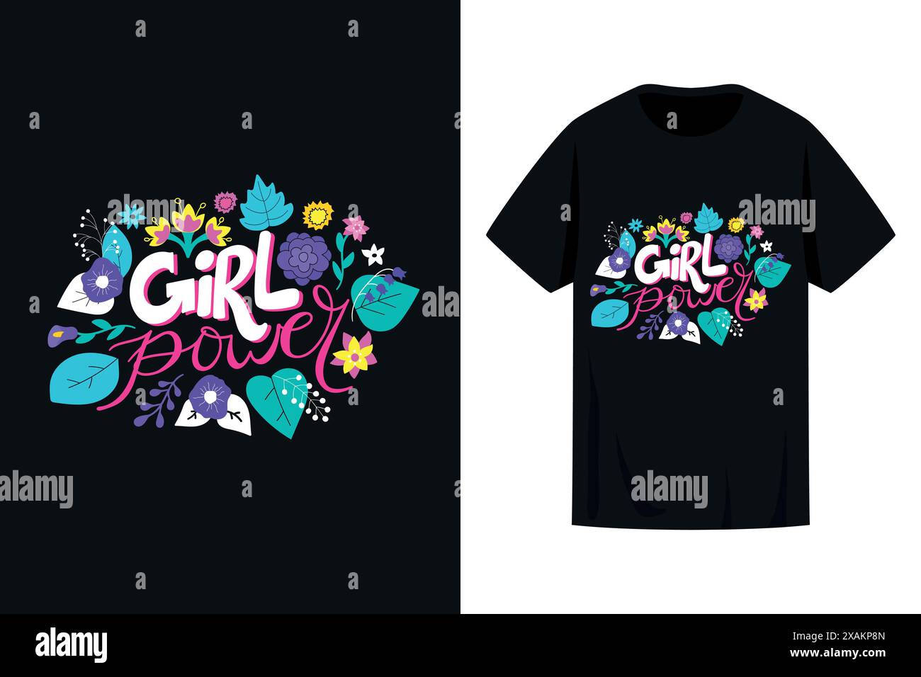 Stampa di T-shirt con citazione motivazionale potenza femminile. Decorata con varie piante e fiori. Illustrazione vettoriale Illustrazione Vettoriale