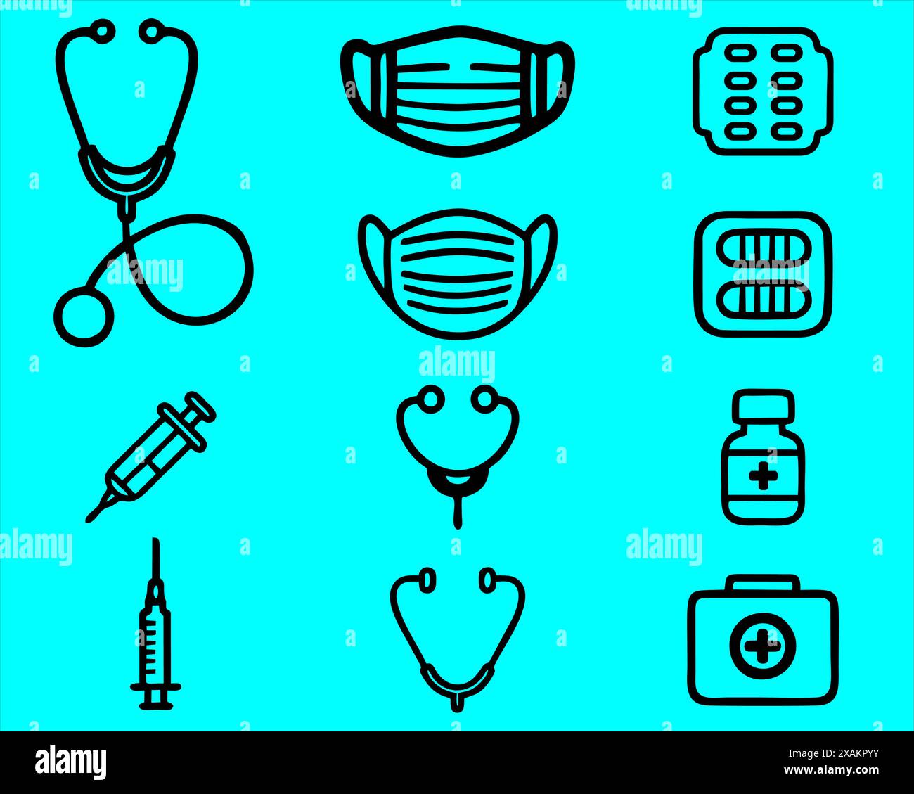 raccolta di varie cose di icone di apparecchiature mediche in nero. Illustrazione Vettoriale