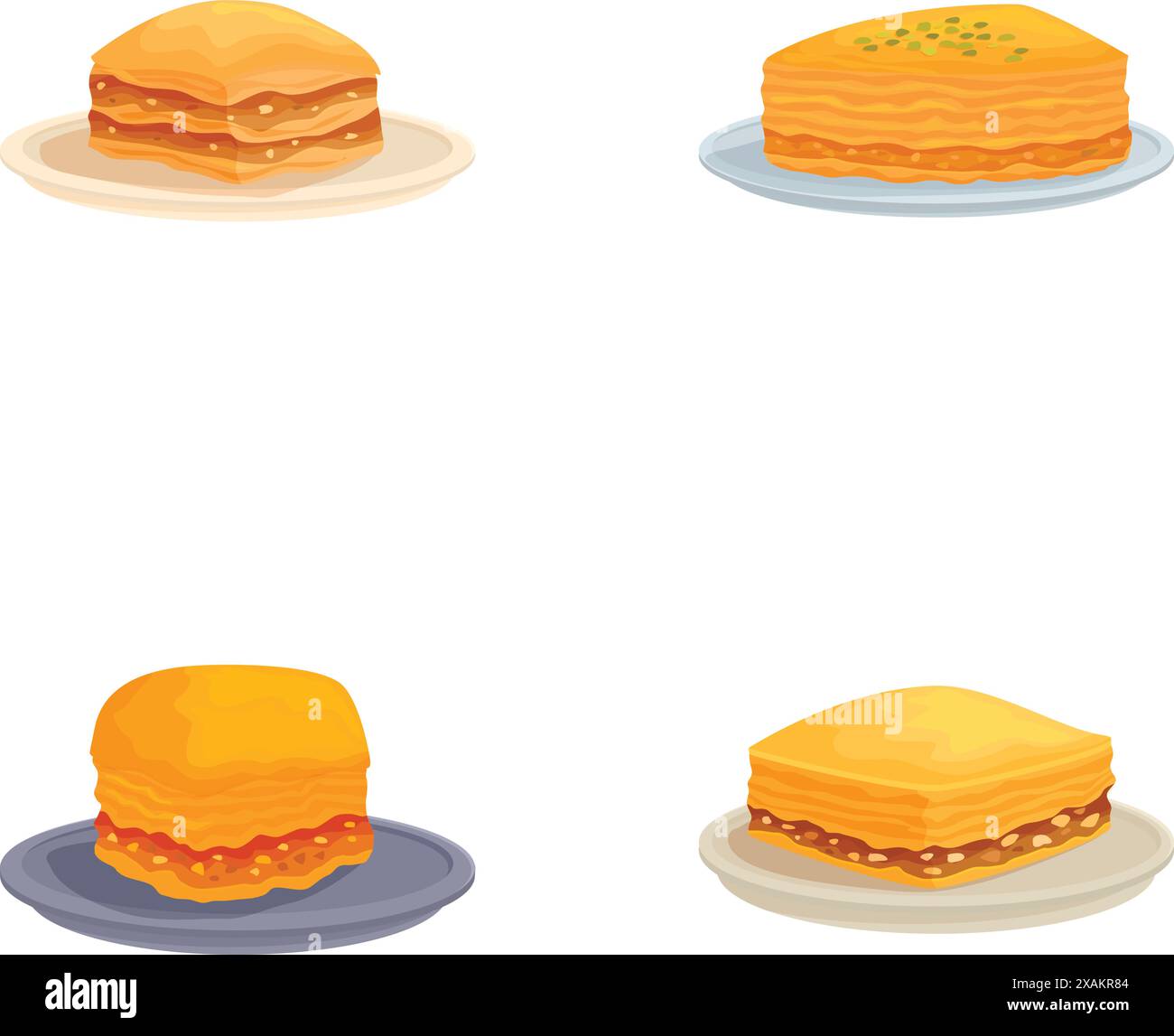 Set di quattro colorati cheeseburger illustrati, ciascuno su un piatto separato, isolato su uno sfondo bianco Illustrazione Vettoriale