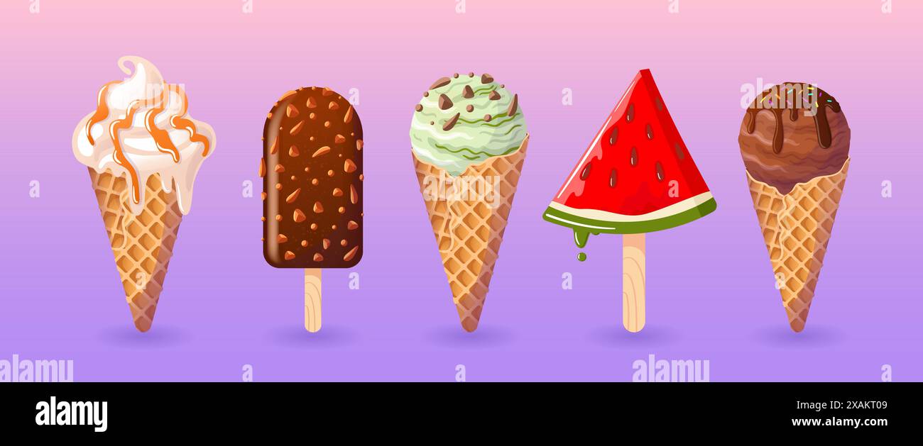 Gelato alla vaniglia, al cioccolato, alla menta o al pistacchio in un cono per waffle con condimento al caramello o alla frutta. Papavero con glassa al cioccolato e noci. Freddo estivo de Illustrazione Vettoriale