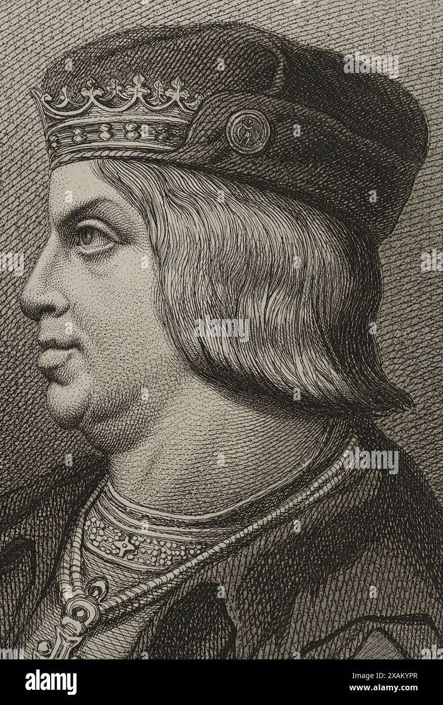 Ferdinando II d'Aragona, chiamato cattolico (1452-1516). Re della Corona d'Aragona. Re di Castiglia come Ferdinando V (1474-1504). Verticale. Incisione di Masson. Litografia di Magin Pujadas. Dettagli. "Historia General de Espana", di Modesto Lafuente. Volume II pubblicato a Barcellona, 1879. Foto Stock