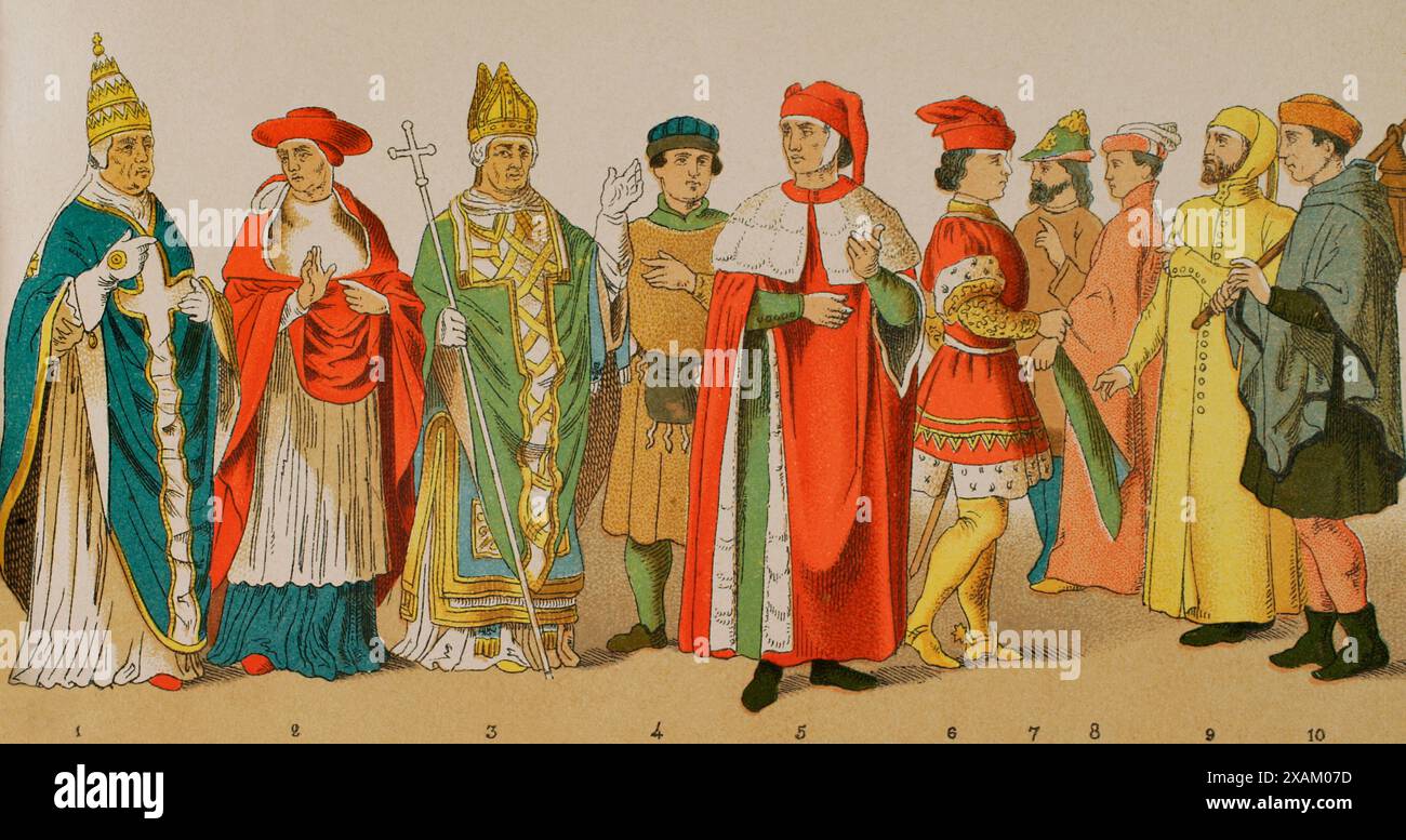 Storia dell'Italia. 1300. Da sinistra a destra, 1: Papa, 2: cardinale, 3: arcivescovo, 4: Cittadino, 5-6-7-8: cavalieri, 9: cittadino, 10: scagnozzo. Paramento del popolo di campagna. Cromolitografia. "Historia Universal", di Cesar Cantu. Volume vi, 1885. Foto Stock