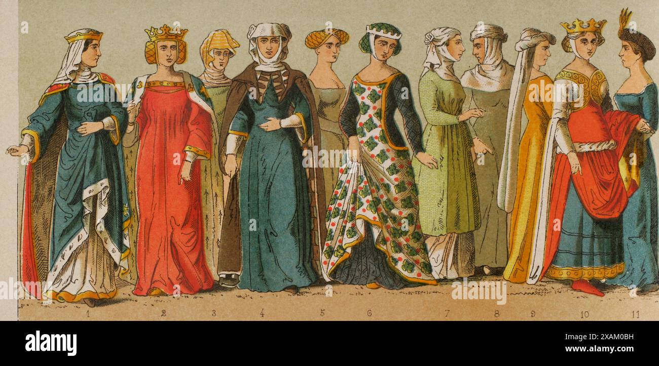 Storia della Francia. 1300. Da sinistra a destra, 1 e 2: regine e principesse, 3: Donna della classe media, 4: lady, 5: Donna della classe media, 6: lady, 7-8: donne della classe media, 9: lady, 10: queen, 11: lady. Cromolitografia. "Historia Universal", di Cesar Cantu. Volume vi, 1885. Foto Stock