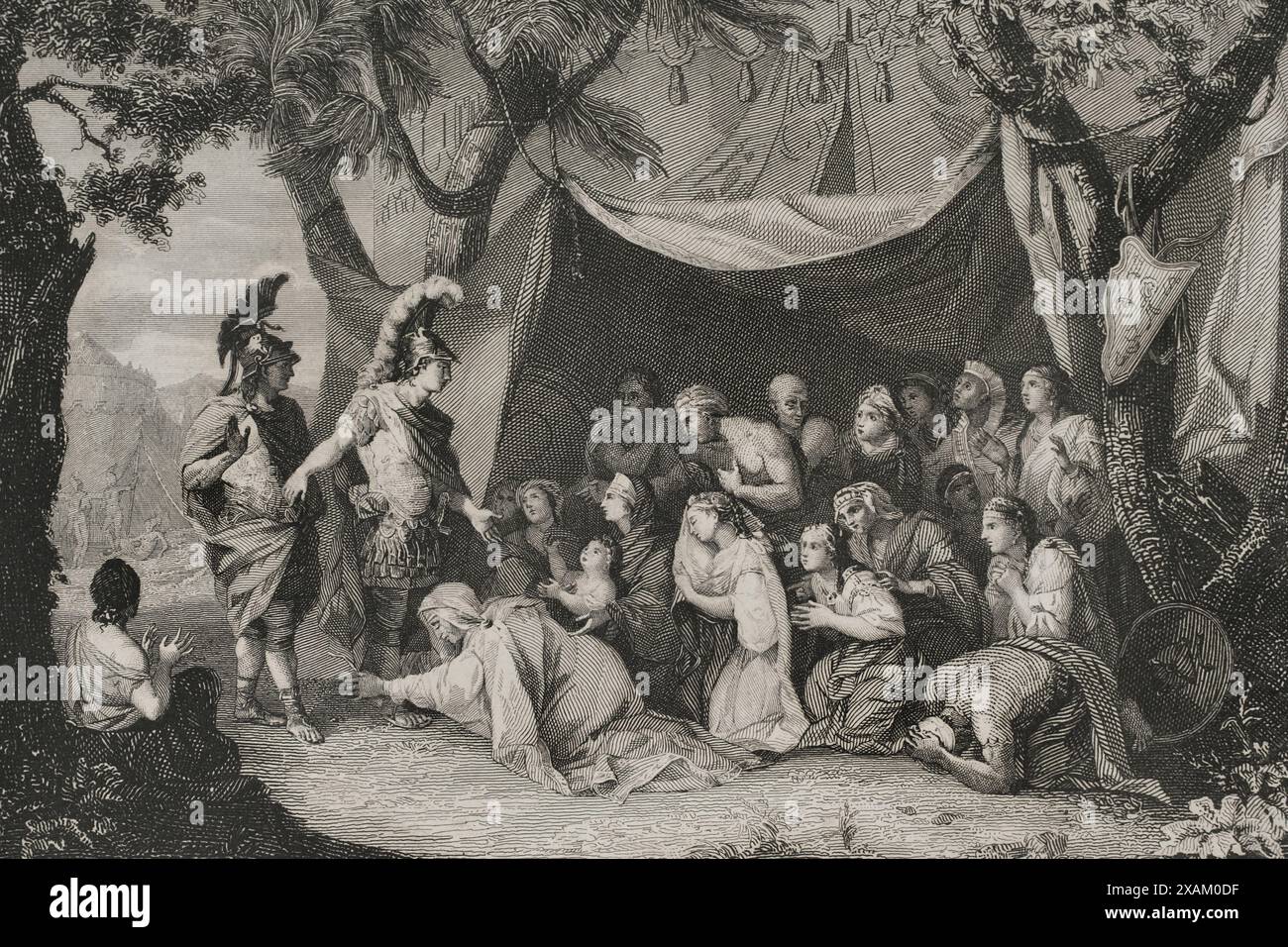 Alexander visita la famiglia di Dario. Alessandro Magno visita la famiglia reale persiana dopo la sconfitta di Dario III nella battaglia di Isso. IV secolo a.C. Incisione. "Historia Universal", di Cesar Cantu. Volume i, 1854. Foto Stock