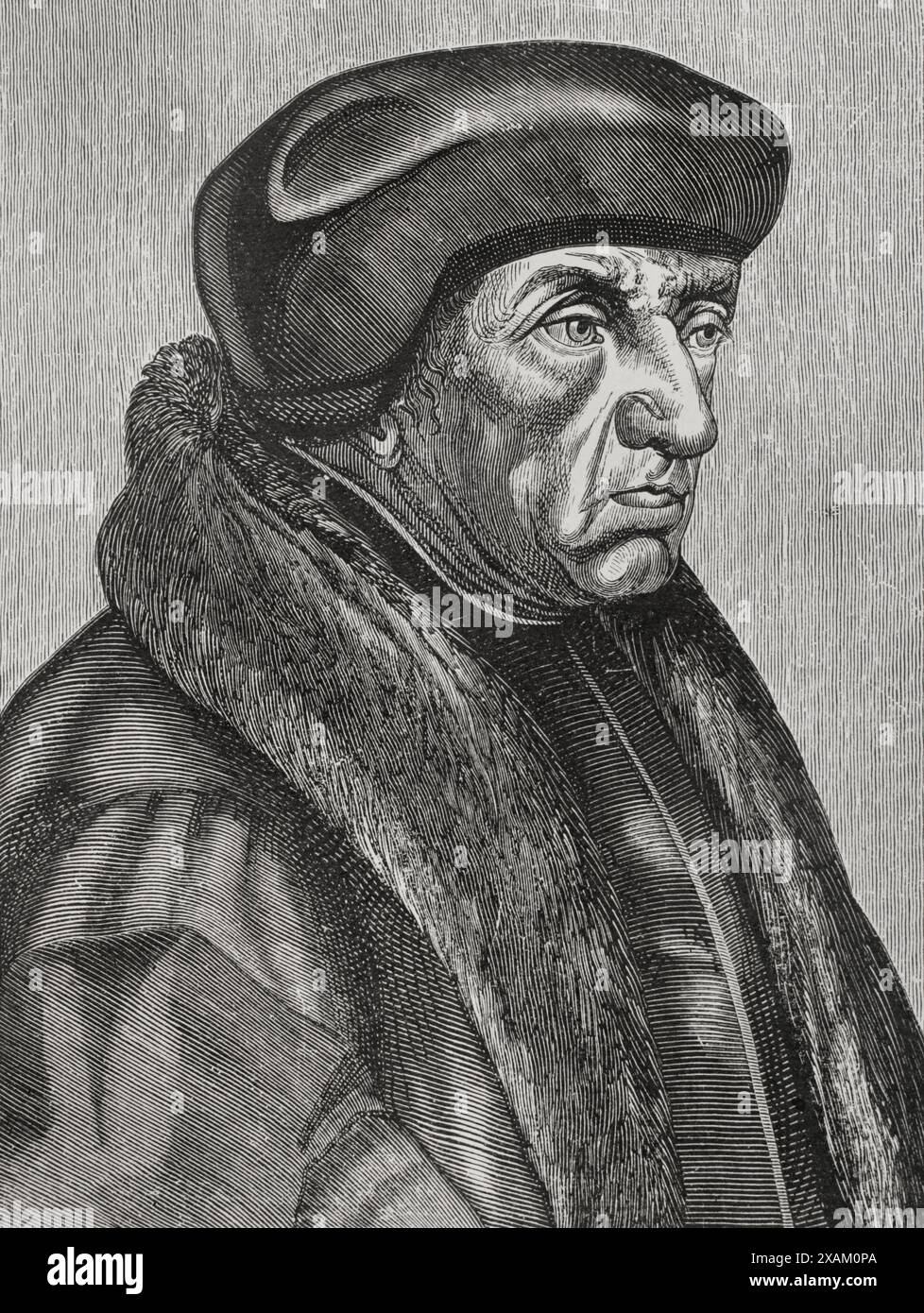 Erasmus (c. 1466-1536). Teologo, filosofo e umanista olandese. Verticale. Incisione. Sciences & Lettres au Moyen Age et a l'epoque de la Renaissance. Parigi, 1877. Foto Stock