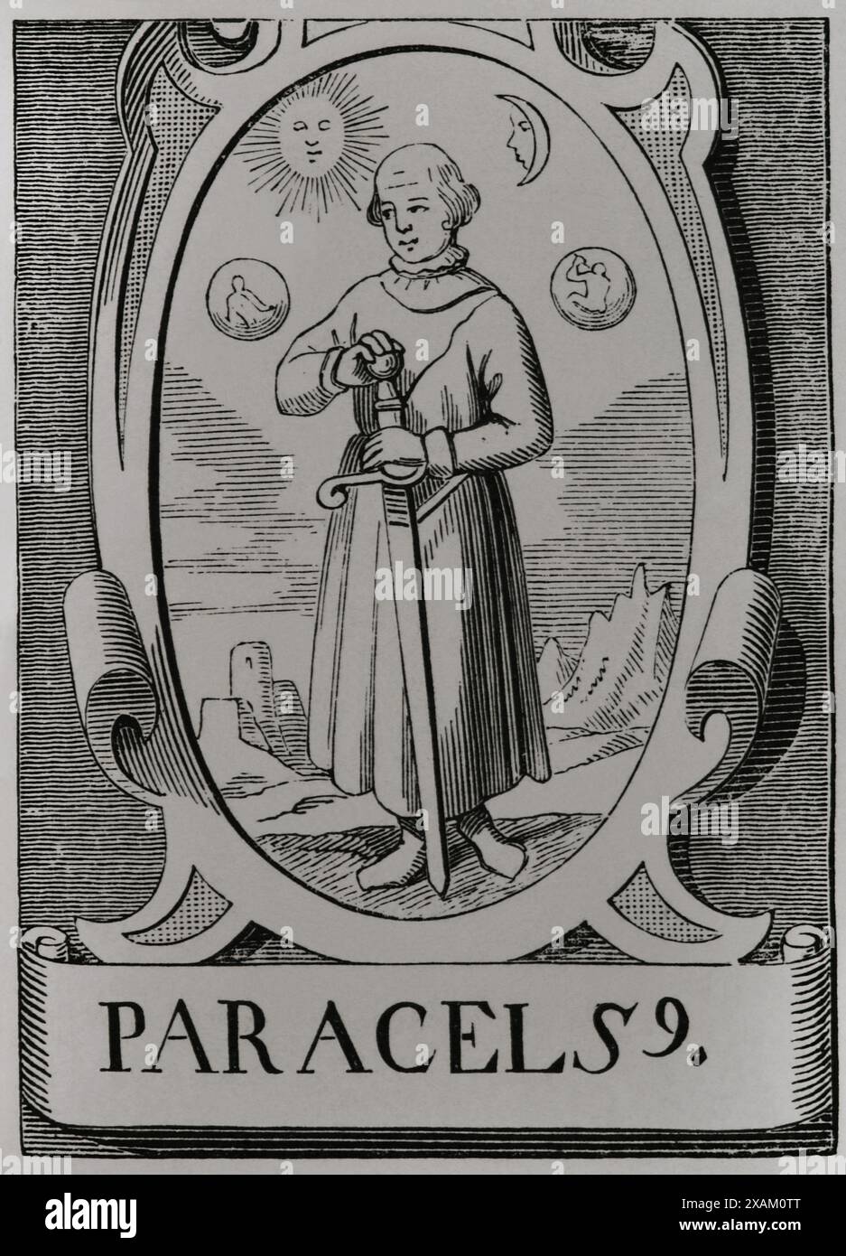 Paracelso (1493-1541). Medico tedesco-svizzero. Ritratto dopo un'incisione di Jean de Vries. Sciences & Lettres au Moyen Age et a l'epoque de la Renaissance. Parigi, 1877. Foto Stock Paracelso (1493-1541). Medico tedesco-svizzero. Ritratto dopo un'incisione di Jean de Vries. Sciences & Lettres au Moyen Age et a l'epoque de la Renaissance. Parigi, 1877. Foto Stock