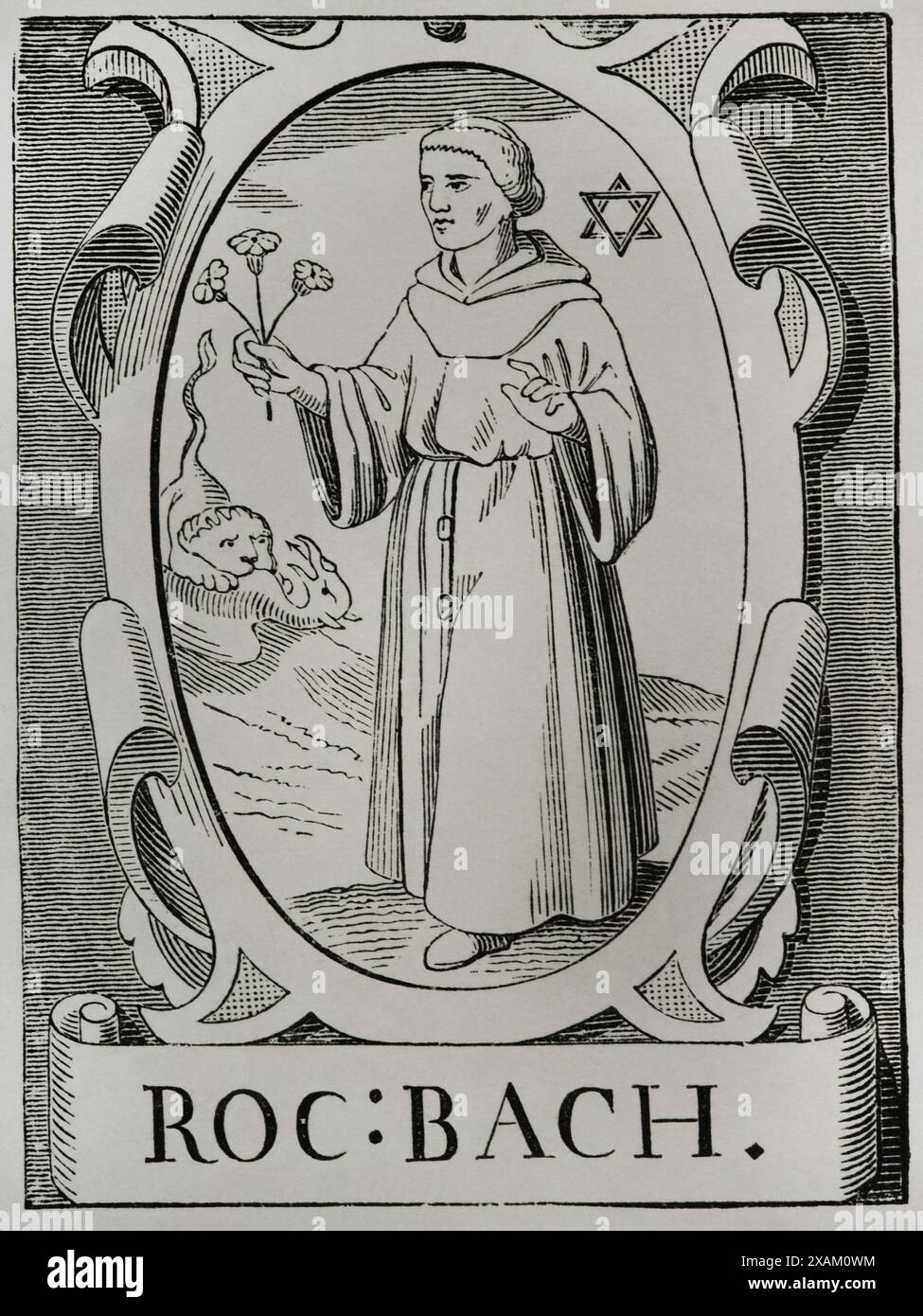 Roger Bacon (ca. 1214-1294). Filosofo inglese e teologo scolastico dell'ordine francescano. Conosciuto come Dottor Mirabilis. Verticale. Incisione di Jean de Vries. Sciences & Lettres au Moyen Age et a l'epoque de la Renaissance. Parigi, 1877. Foto Stock