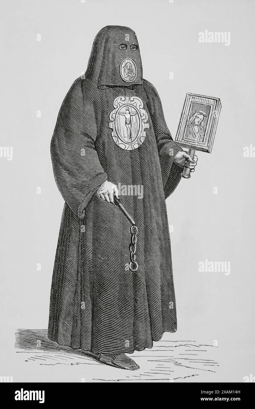 Membro della Confraternita della morte a Venezia. Accompagnarono i condannati a morte all'esecuzione e li seppellirono. Una delle sette opere di misericordia corporale. Incisione dopo Cesare Vecellio (1530-1601) in "De gli habiti antichi et moderni di diversi parti del mondoi". Venezia, 1590. "Moeurs, usages et costumes au moyen-age et a l'epoque de la Renaissance", di Paul Lacroix. Parigi, 1878. Foto Stock