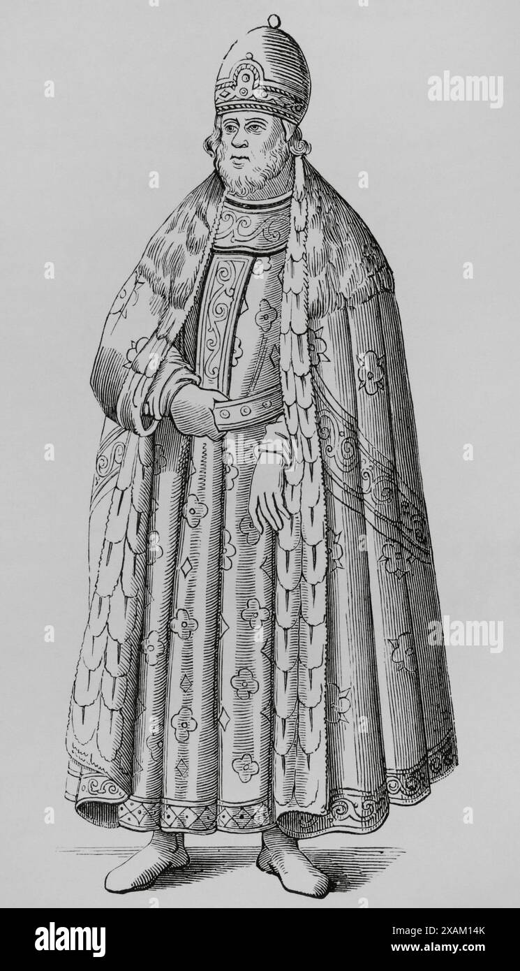 Doge di Venezia in costume cerimoniale. xvi secolo. Incisione su Cesare Vecellio (1521-1601) in "De gli habiti antichi et moderni di diversi parti del mondo", pubblicato a Venezia, 1590. Moeurs, usages et Costumes au moyen-age et a l'epoque de la Renaissance, di Paul Lacroix. Parigi, 1878. Foto Stock