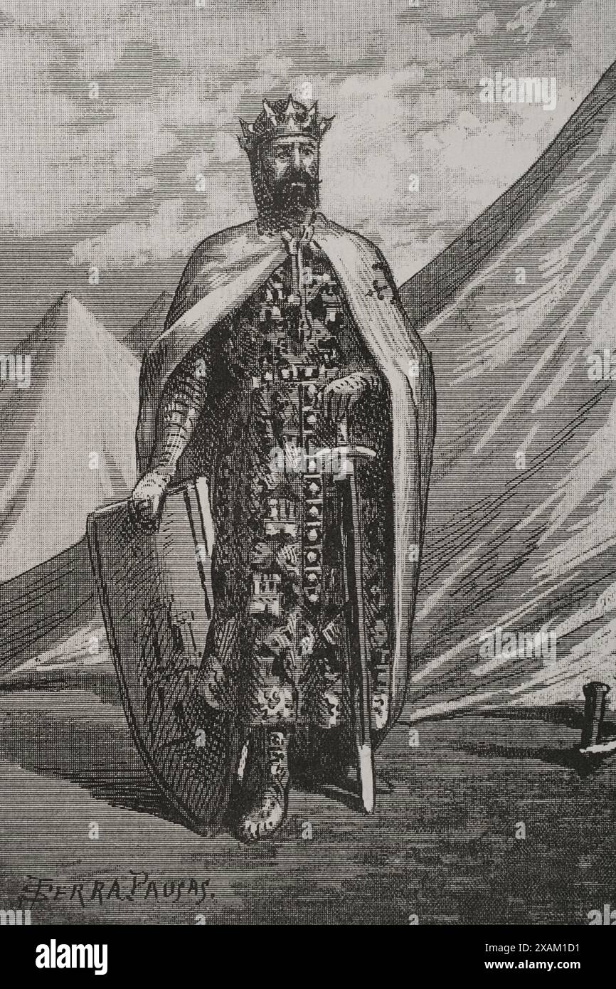 Ferdinando III di León e Castiglia, chiamato il santo (1199/1201-1252). Re di Castiglia tra il 1217-1252 e re di León tra il 1230 e il 1252. Durante il suo regno i regni di Jaen, Cordova e Siviglia furono riconquistati. Verticale. Incisione di Serra Pausas. "Glorias Espanolas" (Glorie di Spagna). Volume II pubblicato a Barcellona, 1890. Foto Stock