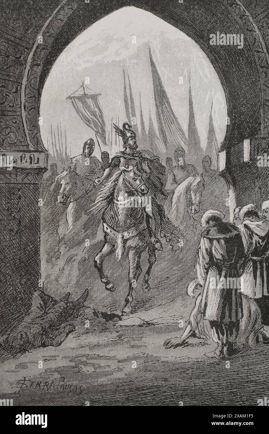 Giacomo i il Conquistatore (1208-1276). Conte di Barcellona e re d'Aragona (1213-1276), Valencia (1239-1276) e Maiorca (1229-1276). Conquista di Valencia. Il 9 ottobre 1238 Giacomo i entrò nella città di Valencia. Incisione di Serra Pausas. "Glorias Espanolas" (Glorie di Spagna). Volume II pubblicato a Barcellona, 1890. Foto Stock
