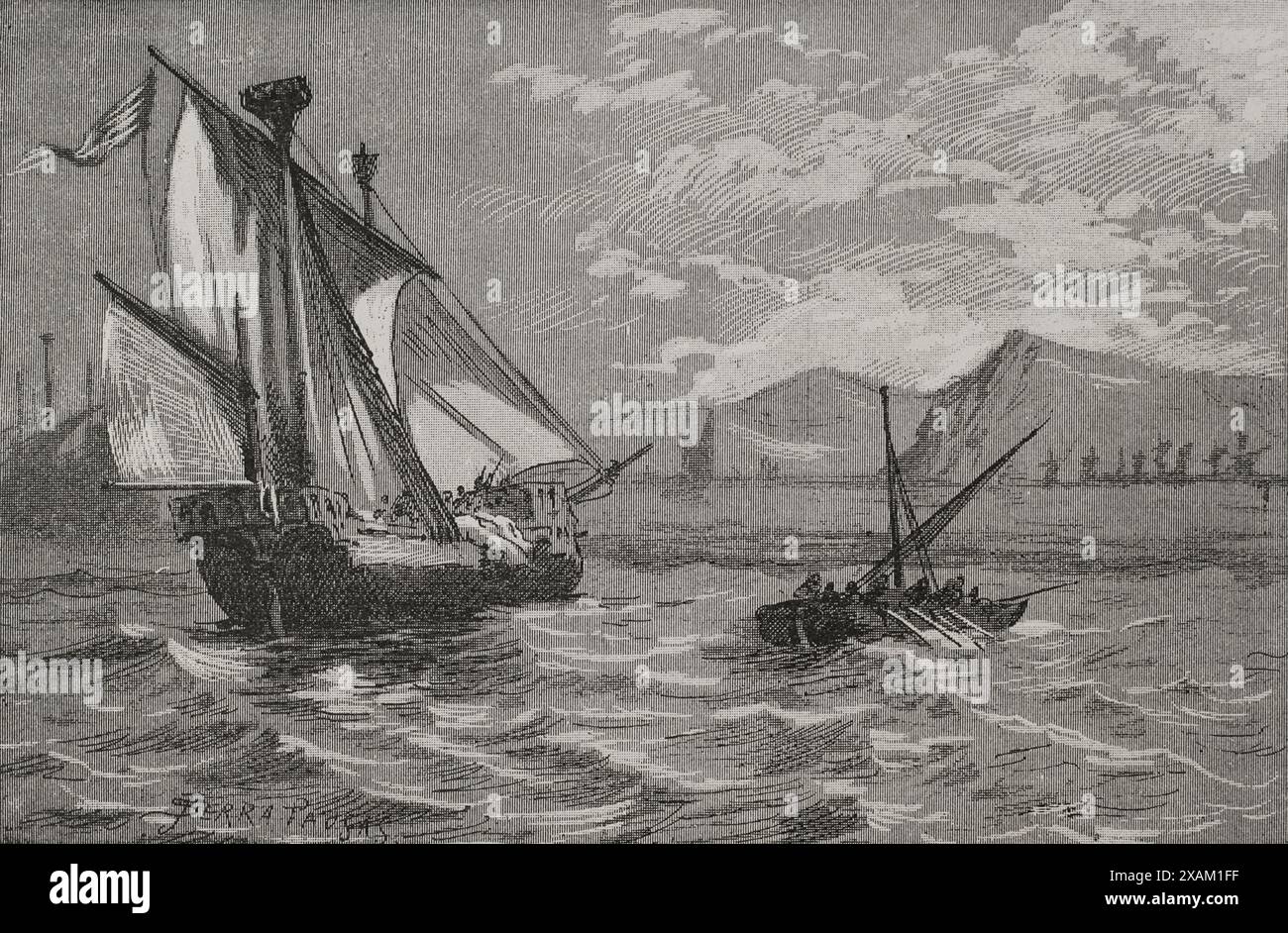 Conquista di Maiorca da parte di re Giacomo i (1208-1276). Il 5 settembre 1229, lo squadrone aragonese salpò da Tarragona, Salou e Cambrils con un'imponente flotta di oltre 150 navi per conquistare Maiorca. Lo squadrone catalano-aragonese a Salou. Incisione di Serra Pausas. "Glorias Espanolas" (Glorie di Spagna). Volume II pubblicato a Barcellona, 1890. Foto Stock
