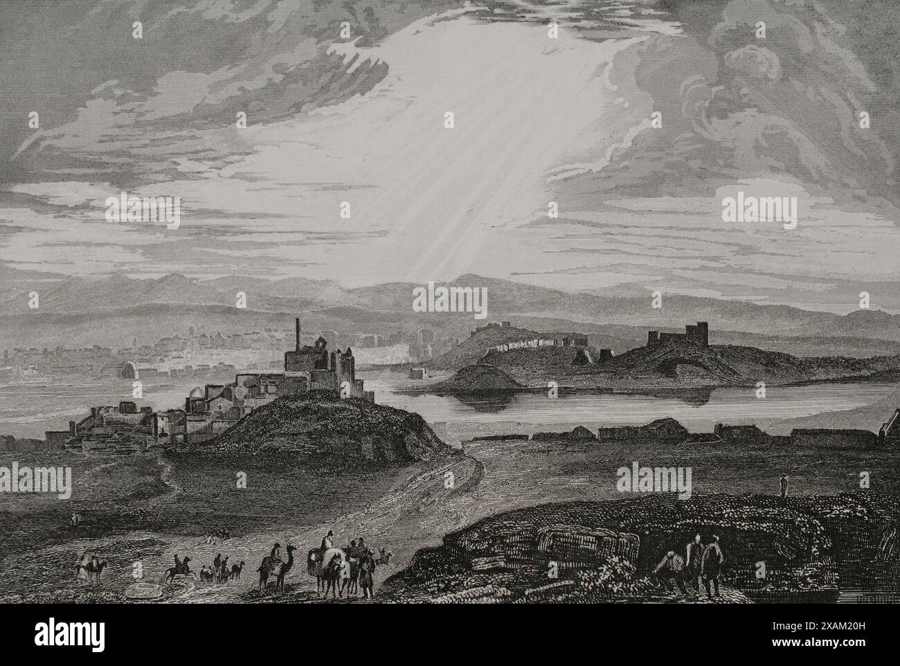 Antica Mesopotamia. Ninive (vicino all'attuale Mosul, Iraq). Vista panoramica della città lungo il fiume Tigri. Incisione di Aubert. "La Tierra Santa y los lugares recorridos por los profetas, por los apostoles y por los cruzados" (la Terra Santa e i siti attraversati dai profeti, dagli apostoli e dai crociati). Pubblicato a Barcellona dalla tipografia di Joaquin Verdaguer, 1840. Foto Stock