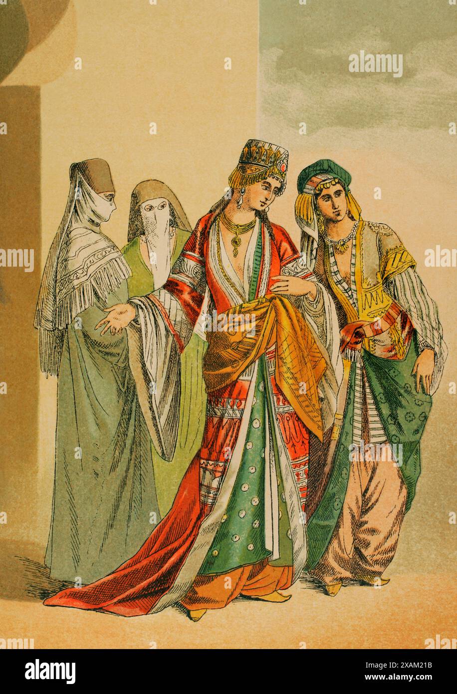 Storia della Turchia. Medioevo. Sultana e principessa con i loro schiavi. Cromolitografia. "Historia Universal", di Cesar canto. Volume V, 1884. Foto Stock