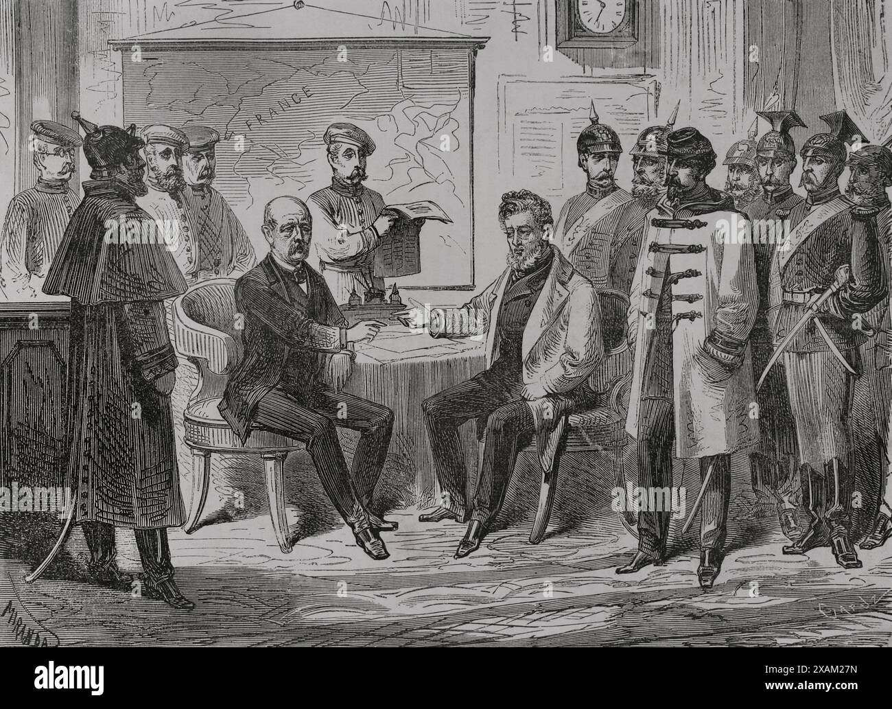 Guerra franco-prussiana (1870-1871). Cerimonia armistizio e capitolazione di Parigi, tenutasi il 28 gennaio 1871 al Palazzo di Versailles, tra Jules Favre (1809-1880) e otto von Bismarck (1815-1898). Favre si impegnò, a nome del governo francese, a consegnare l'Alsazia e la Lorena alla Germania e a pagare le riparazioni di guerra. Disegno di Miranda. Incisione di Capuz. Historia de la Guerra de Francia y Prusia (storia della guerra tra Francia e Prussia). Volume II Pubblicato a Barcellona, 1871. Foto Stock