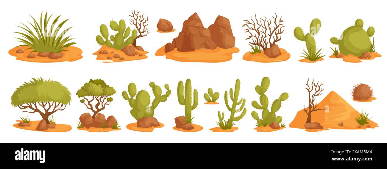 Illustrazione di varie piante e paesaggi del deserto cartoni animati, con cactus, rocce e dune di sabbia in uno stile stravagante. Illustrazione Vettoriale