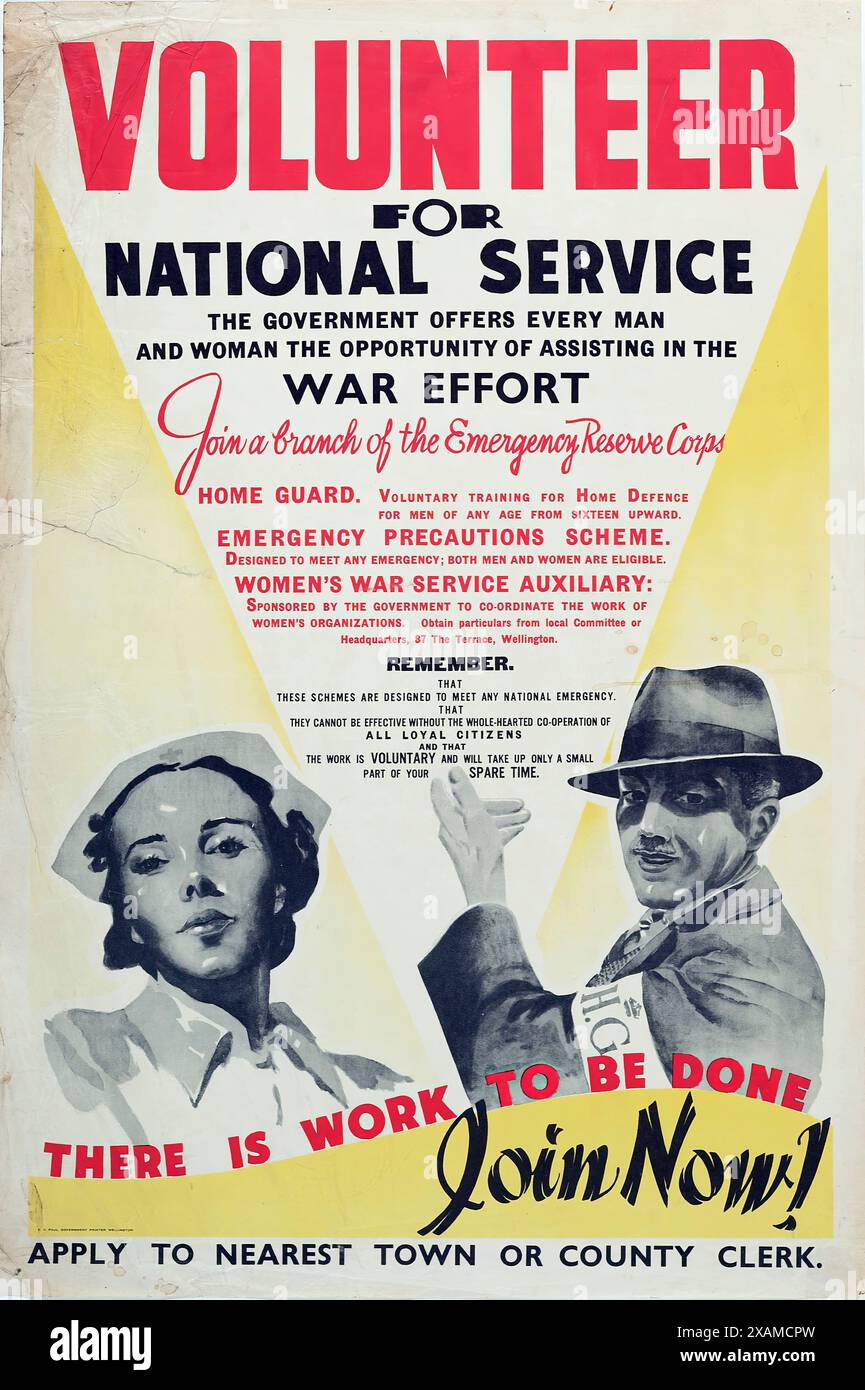 Poster, "volontario per il servizio nazionale", fine 1940. Foto Stock