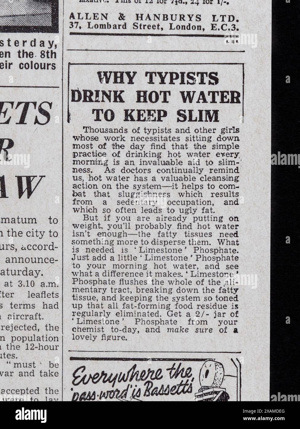 "Perché i tipisti bevono acqua calda per mantenersi magri" "articolo" sul Daily mail (replica) 18 settembre 1939, all'inizio della seconda guerra mondiale. Foto Stock