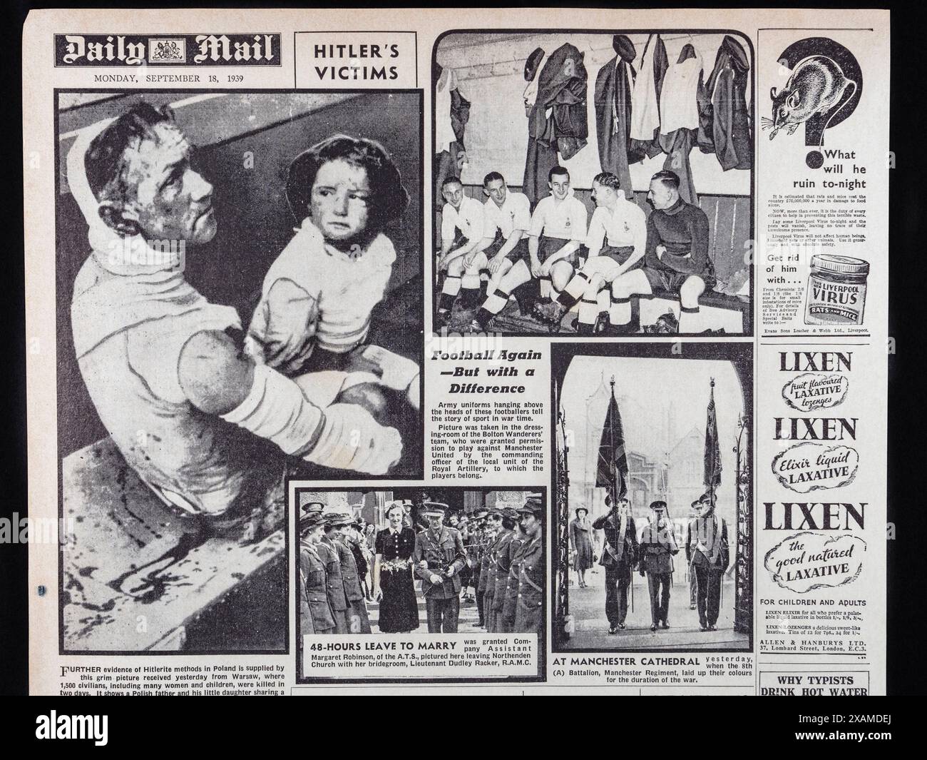 "Vittime di Hitler", fotografie del primo bombardamento della Polonia all'inizio della seconda guerra mondiale sul Daily mail (replica) 18 settembre 1939. Foto Stock