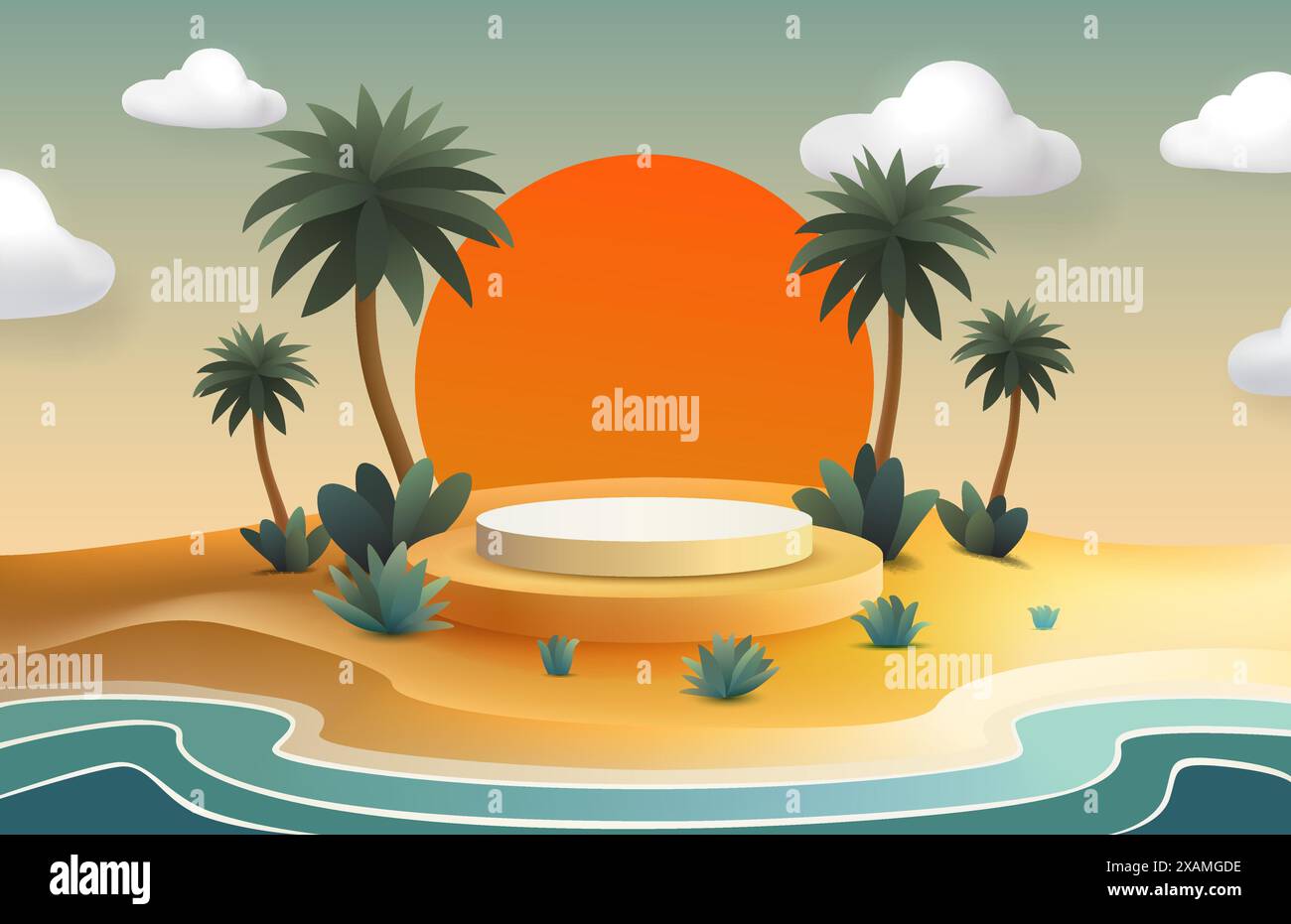 Spiaggia su un'isola con podio e palme, vacanza al mare. Vettore Illustrazione Vettoriale