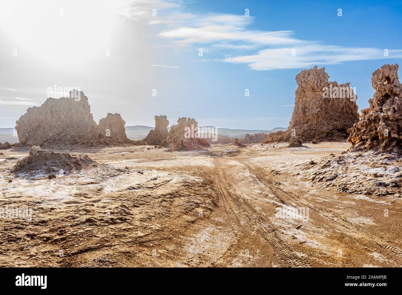 Camini preistorici calcarei formazioni rocciose geologiche sul fondo del lago essiccato, lago salato Abbe, regione di Dikhil, Gibuti Foto Stock