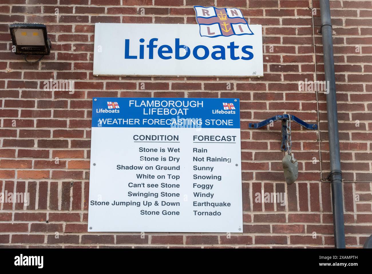 Divertentissime previsioni meteorologiche e cartelli presso la stazione dei battelli di salvataggio Flamborough South Landing, Yorkshire, Inghilterra, Regno Unito Foto Stock