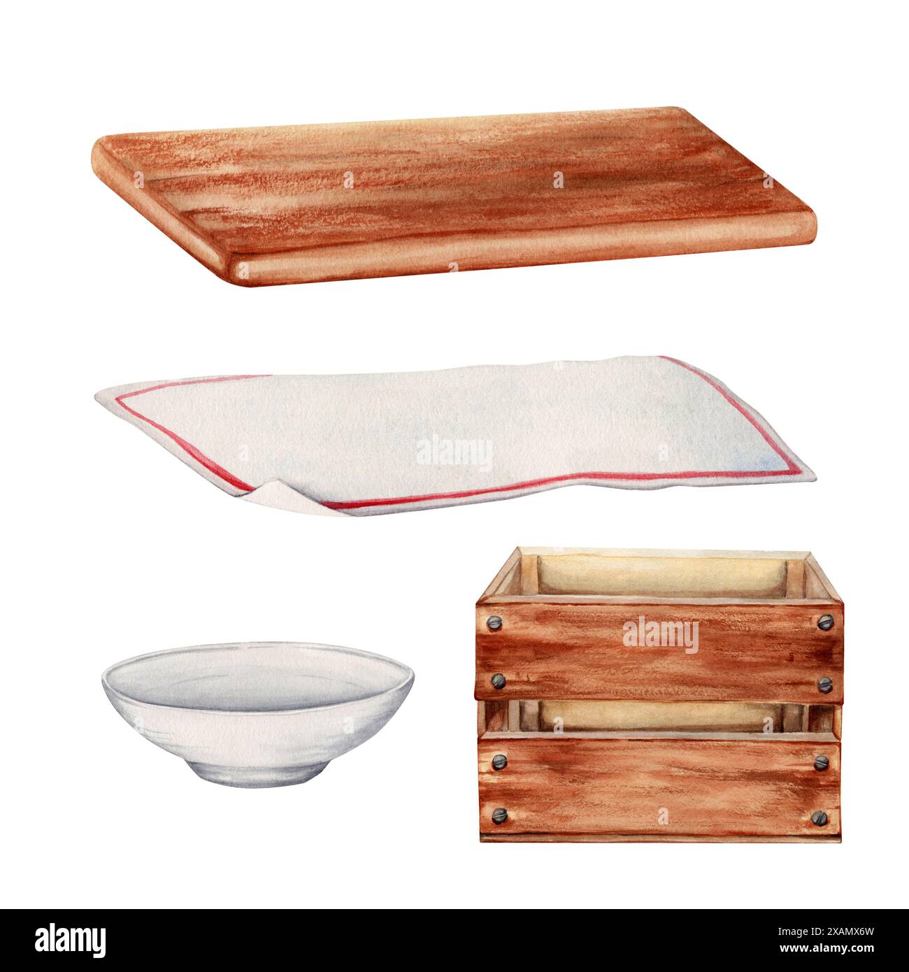 Tagliere, tovaglia, cassa di legno e recipiente in ceramica. Selezione degli elementi di design dei contenitori per alimenti vuoti. Set di illustrazioni ad acquerello disegnate a mano Foto Stock