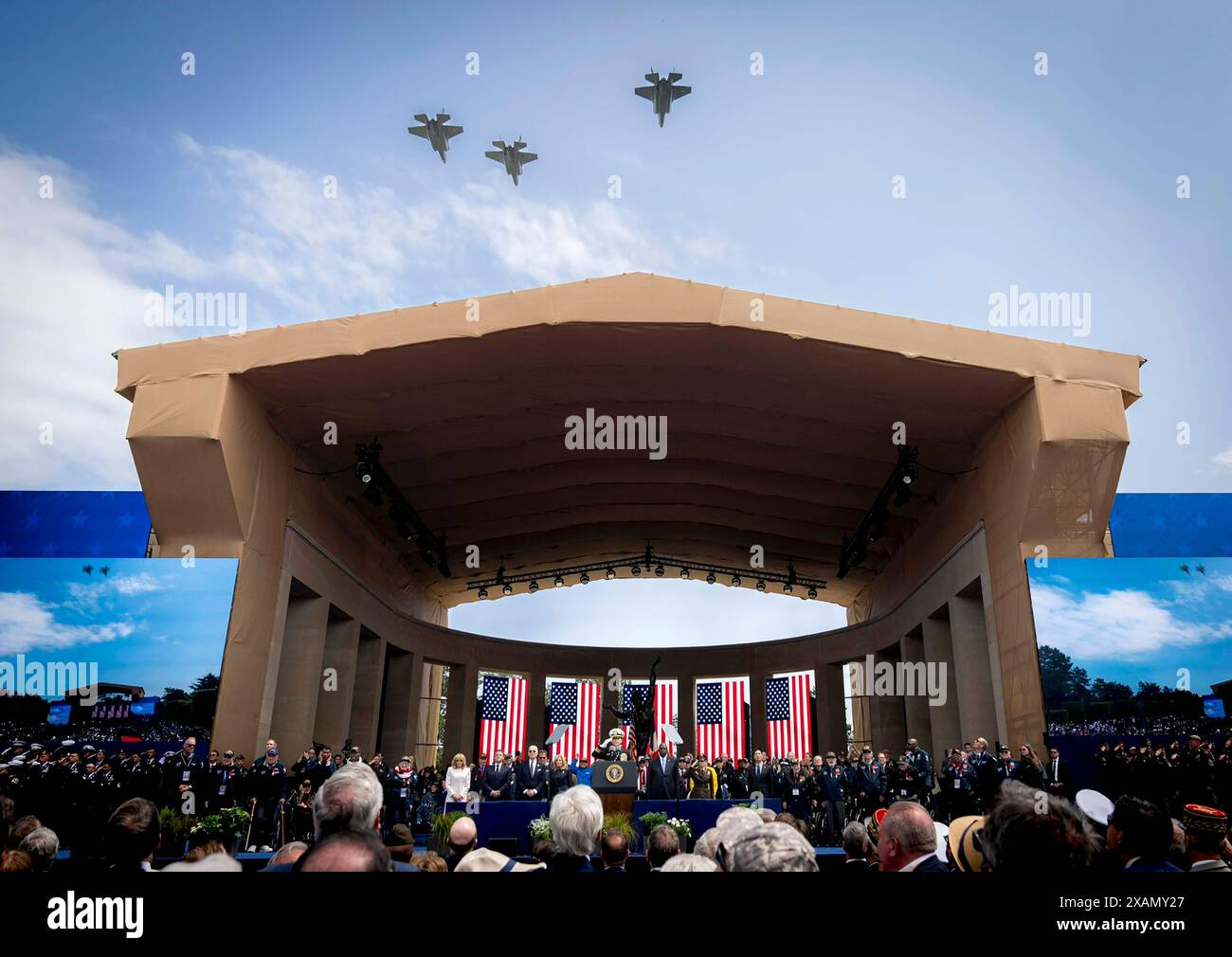 Normandia, Francia. 7 giugno 2024. Il Presidente DEGLI STATI UNITI Joe Biden, la First Lady degli Stati Uniti Jill Biden, il Presidente francese Emmanuel Macron, la moglie del Presidente francese Brigitte Macron e il Segretario alla difesa degli Stati Uniti Lloyd Austin partecipano alla cerimonia degli Stati Uniti in occasione del 80° anniversario dello sbarco degli Alleati in Normandia durante il "D-Day" della seconda guerra mondiale, il 6 giugno 2024 presso il Normandy American Cemetery and Memorial di Colleville-sur-Mer, che si affaccia sulla spiaggia di Omaha nella Francia nord-occidentale. Foto del Dipartimento della difesa degli Stati Uniti/UPI credito: UPI/Alamy Live News Foto Stock