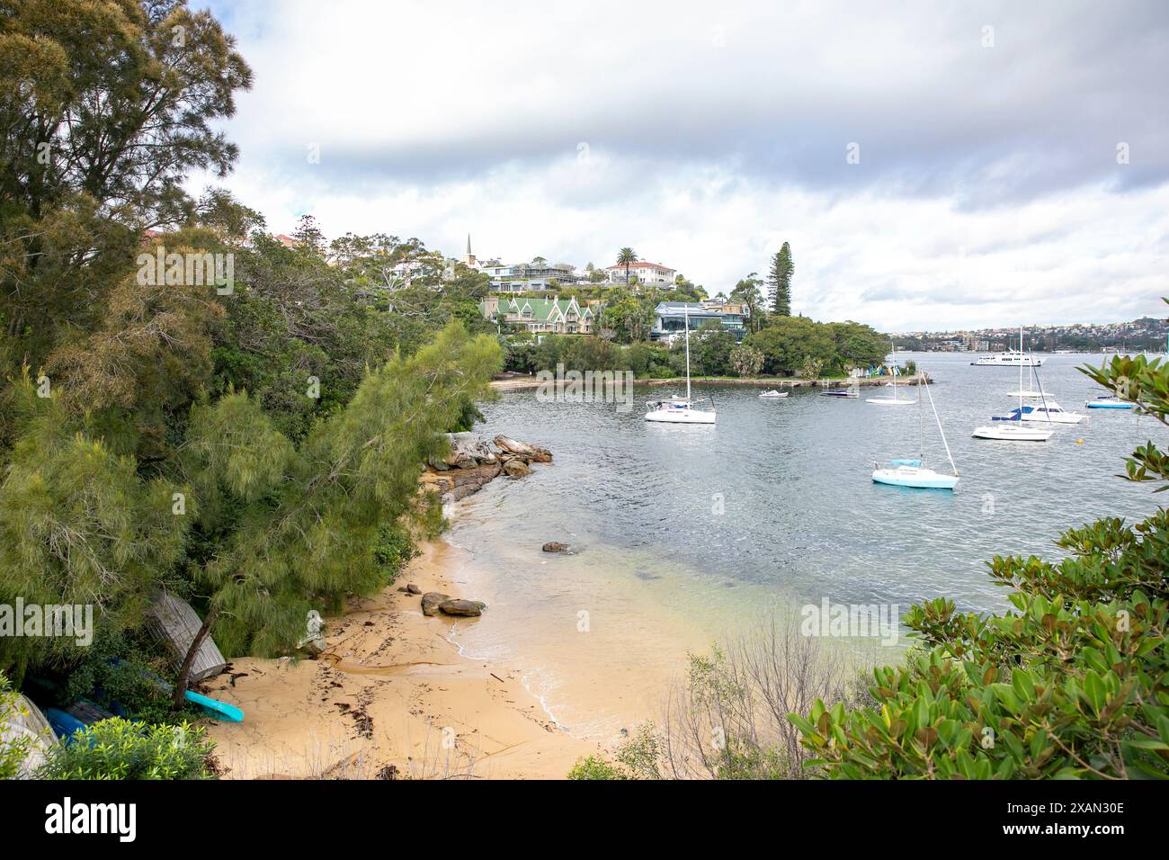 Spiaggia di Tingara a Vaucluse, sobborghi orientali di Sydney, piccola spiaggia isolata sul porto, NSW, Australia Foto Stock
