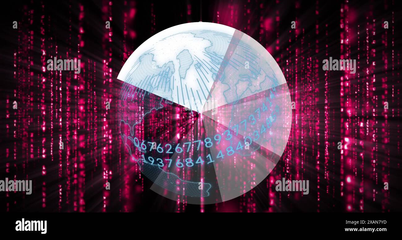 Immagine del globo sopra l'elaborazione dei dati su sfondo nero, spazio di copia Foto Stock