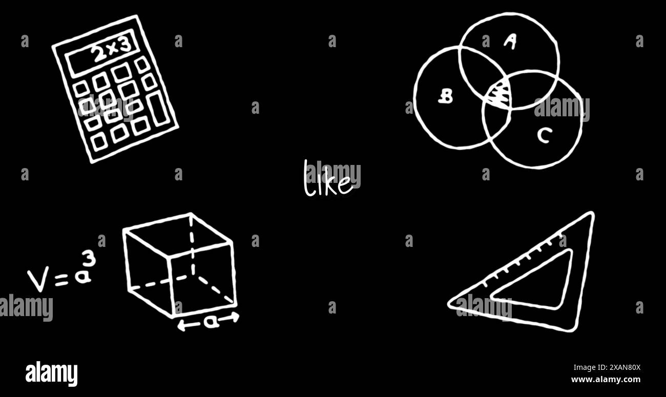 Immagine delle icone degli elementi scolastici e testo su sfondo nero, copia spazio Foto Stock