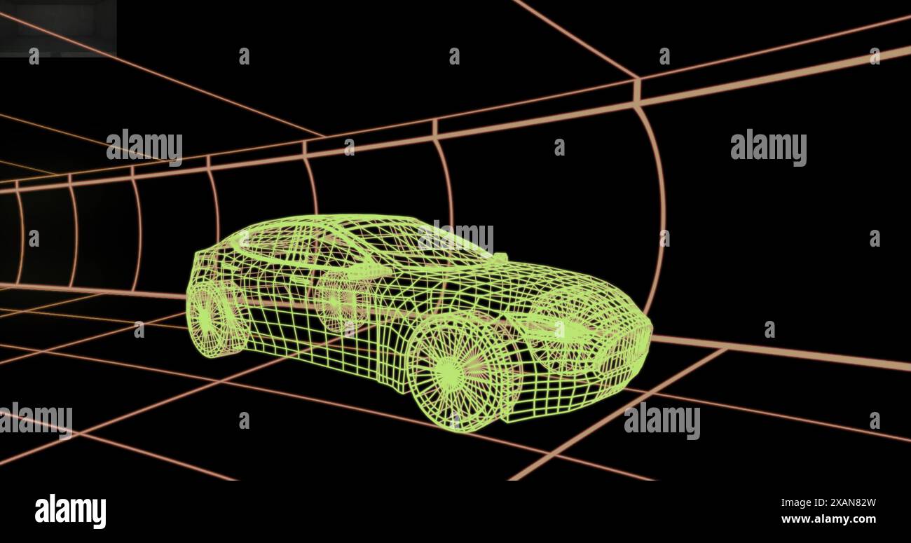 Immagine di un disegno di auto 3d in movimento nel tunnel della griglia su sfondo nero, copia spazio Foto Stock