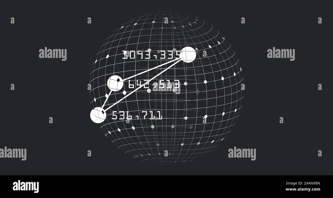 Immagine dei numeri intorno ai punti collegati che formano un triangolo su globo su sfondo nero Foto Stock
