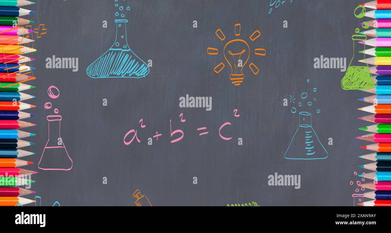 Immagine di più disegni di icone tra matite su sfondo astratto Foto Stock