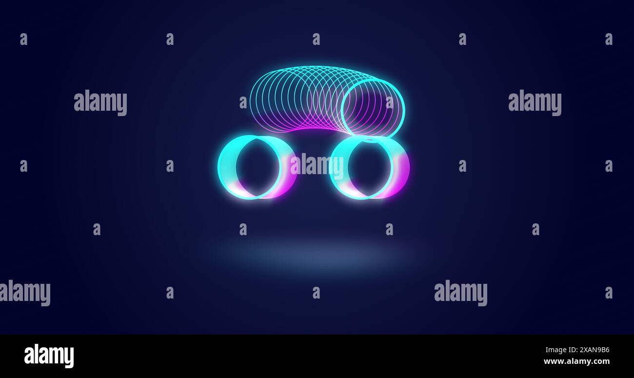 Immagine di cerchi al neon in movimento su sfondo blu Foto Stock