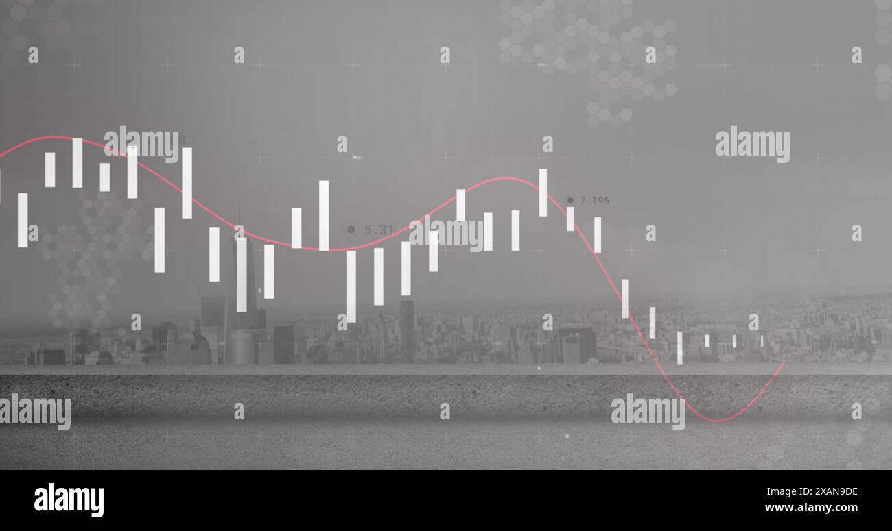 Un balcone che si affaccia su una grande città con immagini di elaborazione dei dati finanziari in primo piano Foto Stock
