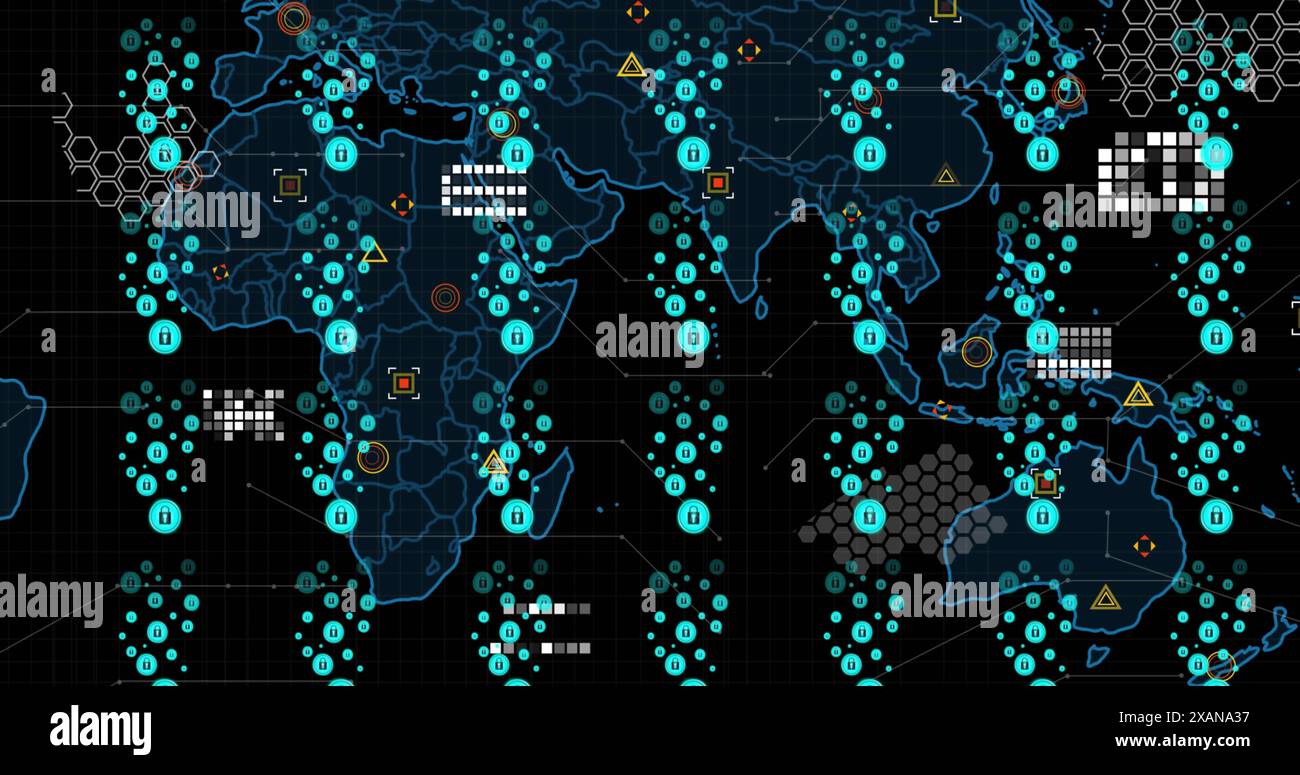 Immagine delle icone di sicurezza dei lucchetti e dell'elaborazione dei dati sulla mappa mondiale Foto Stock